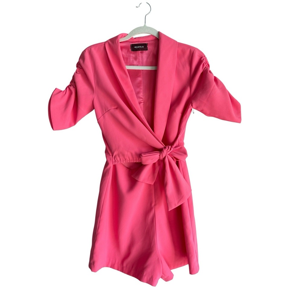4SI3NNA Marcella Romper Women's Small Hot Pink Ruched Short‎ Sleeve Tie Front